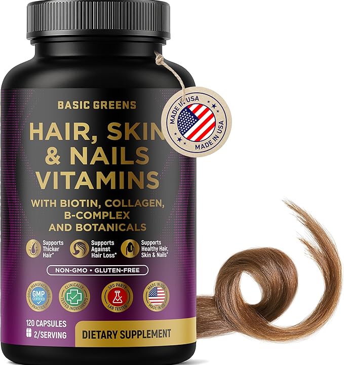 Hair, Skin & Nails Vitamins with Biotin 10000 mcg, Collagen, B-Complex & Botanicals – Supports Healthy Hair, Glowing Skin & Strong Nails – Non-GMO, Gluten-Free – Made in USA – 120 Capsules