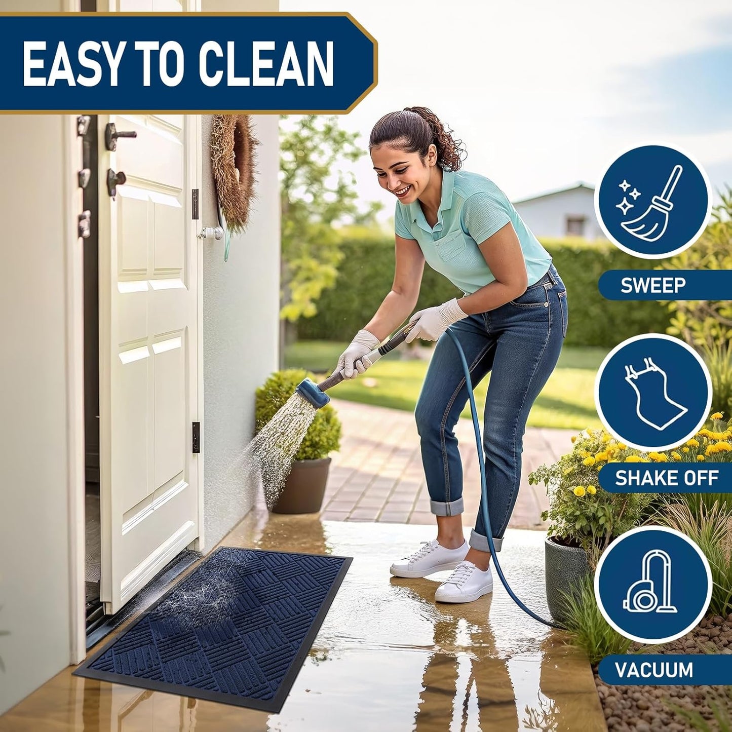 Smiry Front Door Mat Outside Entrance, Heavy Duty Outdoor Indoor Natural Rubber Doormat, Non Slip, Trap Dirt and Moisture, Easy Clean, Low Profile Patio Porch Entryway Mat, 71x47, Navy Blue