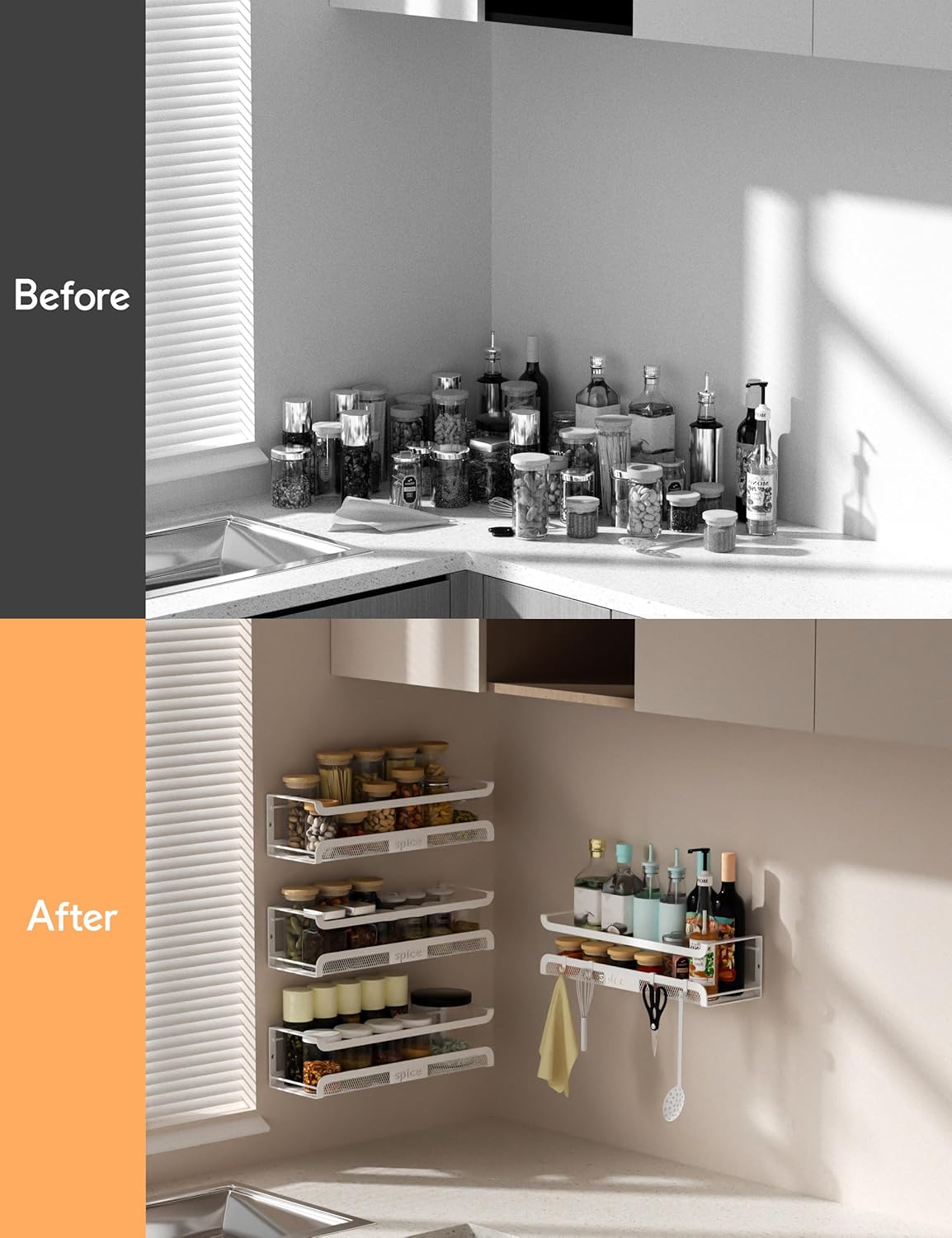 Spice Rack Wall Mount with Hooks - Spice Racks Organizer for Cabinet Storage, Wall Mounted Hanging Shelf Seasoning Organizer, for Kitchen, Pantry Door, Bathroom (White, 2 Pack)