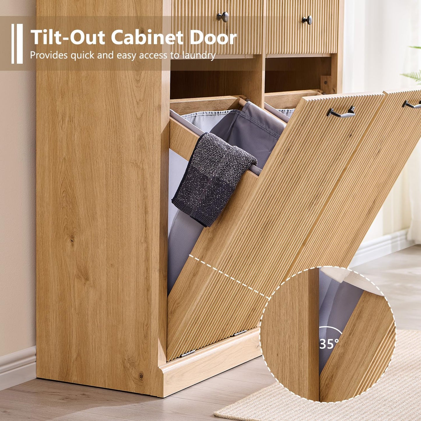 Modern Double Tilt-Out Trash Cabinet, 20 Gallon Fluted Laundry Hamper Cabinet with 2 Drawers, Wooden Hidden Garbage Can Cabinet with Storage Basket for Kitchen & Living Room, Natural Oak