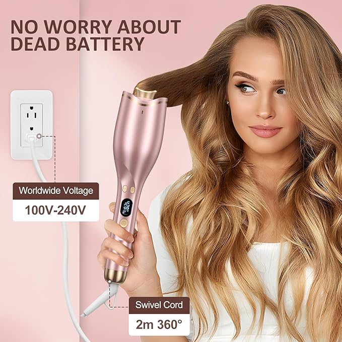 Automatic Curling Iron, Hair Curler 1" Large Slot, 4 Temperature Settings, 12s-19s Timers, Dual Voltage, Anti-Scald, Anti-Tangle, Auto Shut-Off, LCD Display, Fast Heating Easy for Use, Pink