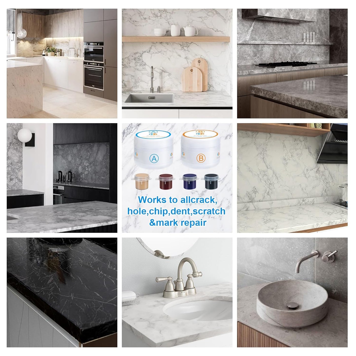 Marble and Granite Repair kit, Quartz Countertop Repair Kit for Chip Dents Cracks Holes Scratchs, Premium Marble Granite Quartz Laminate Formica Travertine Corian Stone Epoxy Filler