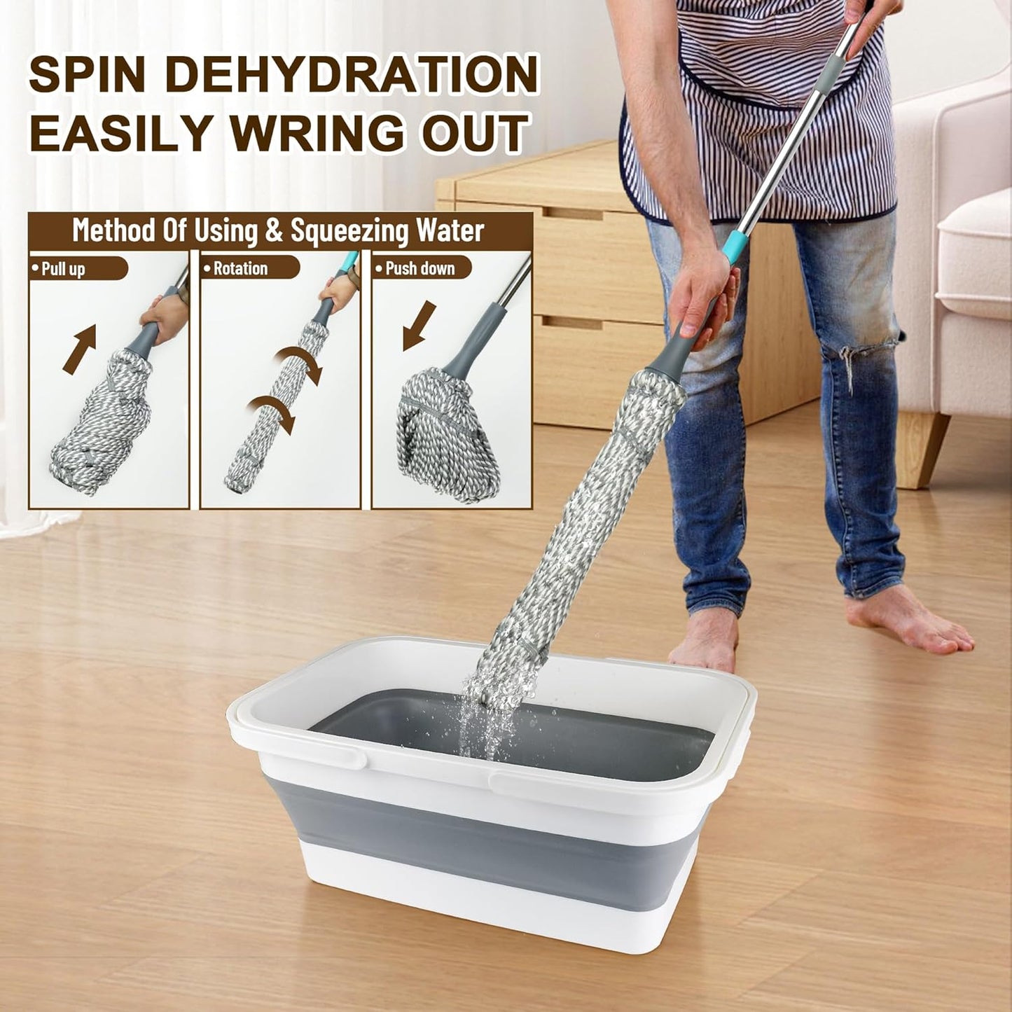 Self Wringing Mop with Bucket- Easy Squeeze Twist Mop with 52.5 Inch Long Handle, Heavy Duty for Hardwood, Tile, Vinyl & Laminate Floors (Gray+White)