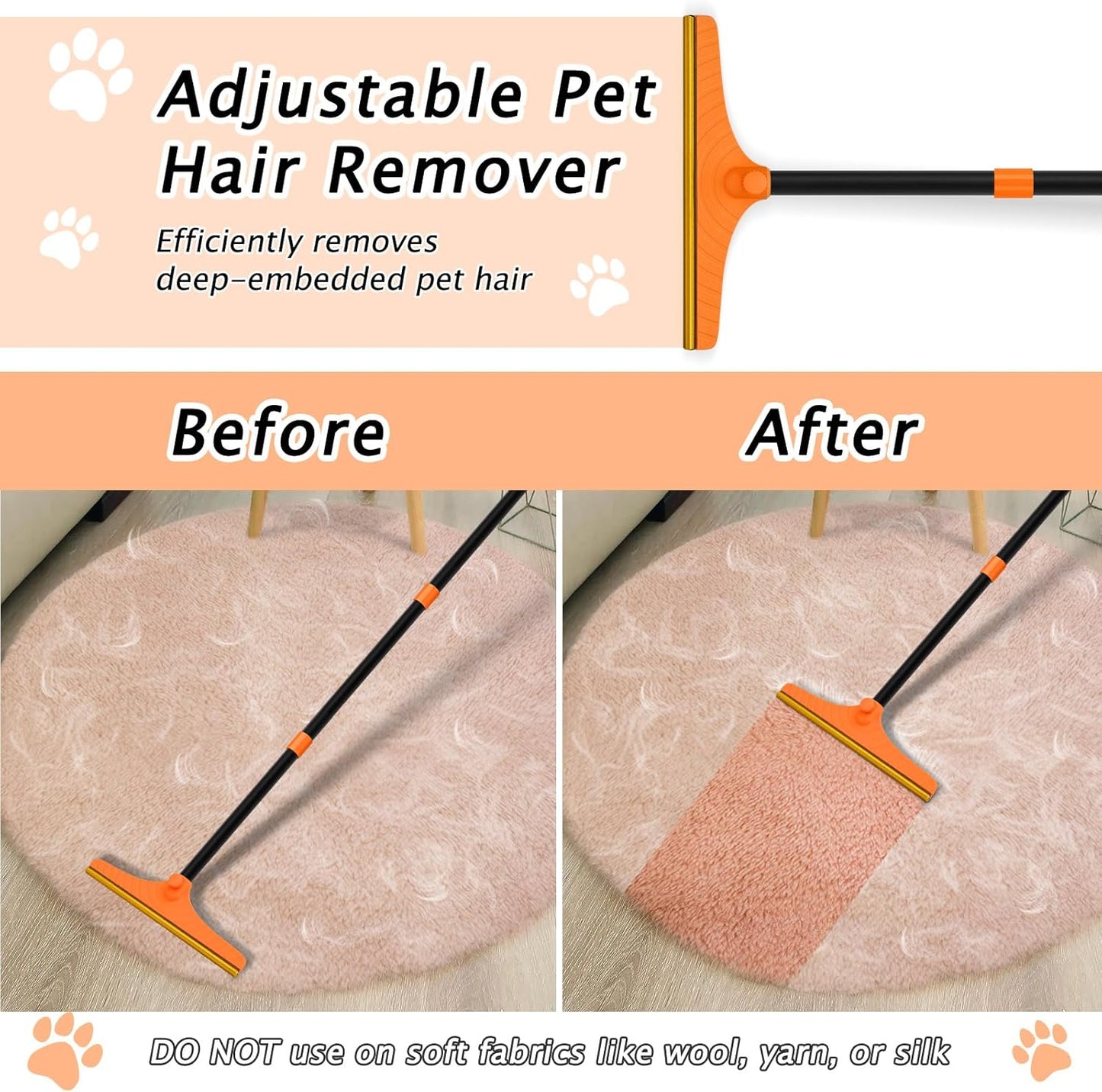 Carpet Rake for Pet Hair Removal - Reusable Pet Hair Remover, 60” Adjustable Long Handle Cat Dog Carpet Rake Scraper, Dog Hair Rake Brush for Rugs, Mats, Couch