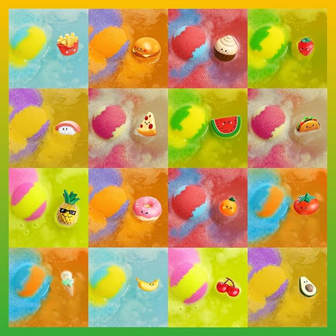 Kids Bath Bombs with Food Toys Inside, 16 Pack Colorful Surprise Bath Fizzies Set, Organic Fizzy Bubble Bath Bombs for Girls & Boys, Ages 3+