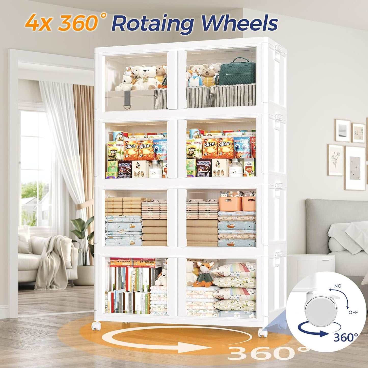 200GAL Large Stackable Storage Bins with Lid and Wheels, 800Qt Collapsible Organizer Cabinet with Clear Door, for Closet, Bedroom, Kitchen, Garage, 4-Pack White