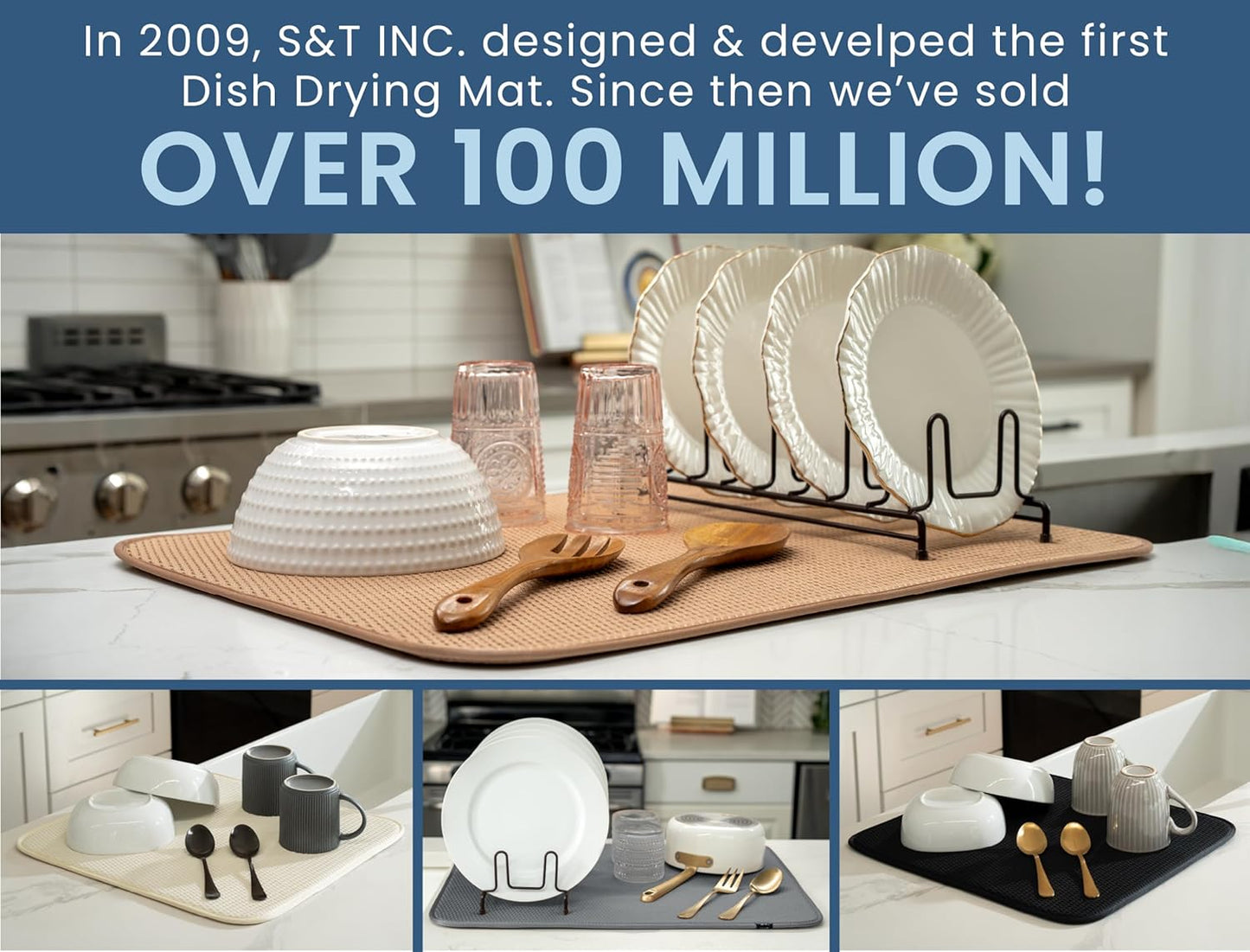 S&T INC. Dish Drying Mat, 16” x 18”, Absorbent Microfiber Kitchen Counter Mat, Drying Pad for Dishes, Utensils, Pots and Pans, Large, Diamond Texture, Grey