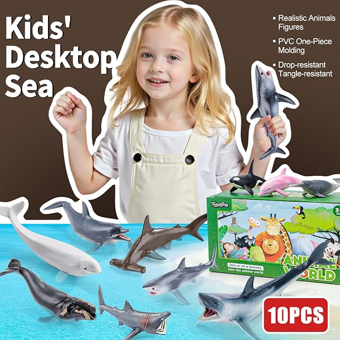 10PCS 5" Sea Animal Toys for Toddlers, Bath Ocean Animal Whale Shark Figurines Toys for Kids, Cake Toppers Birthday Party Favors & Gifts for Boys & Girls