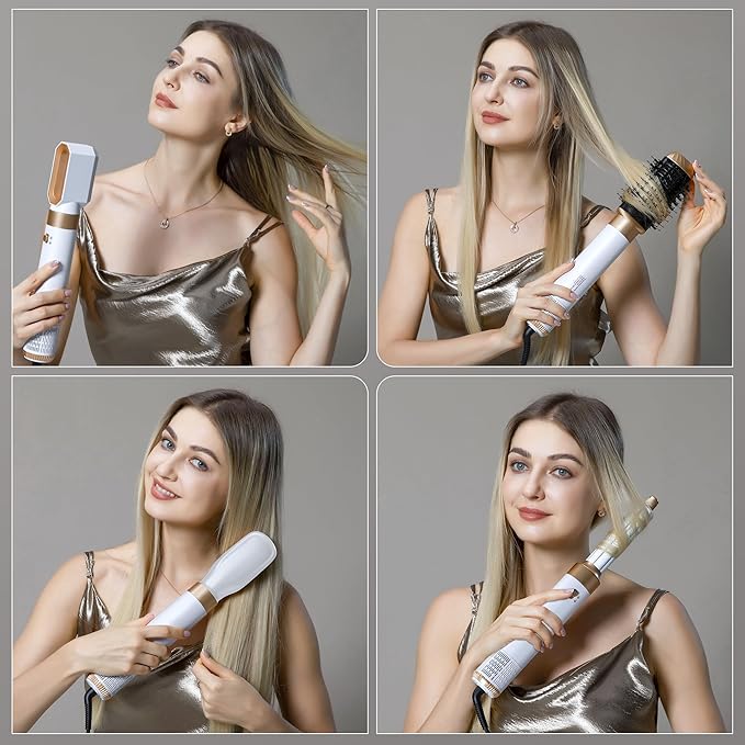 6 in ONE Hair Dryer Brush, Blow Dryer Curling Wand Hair Styling Tools Set, Ionic Hot Air Massage Oval Blowout Hair Dryer, Left&Right Hair Styler