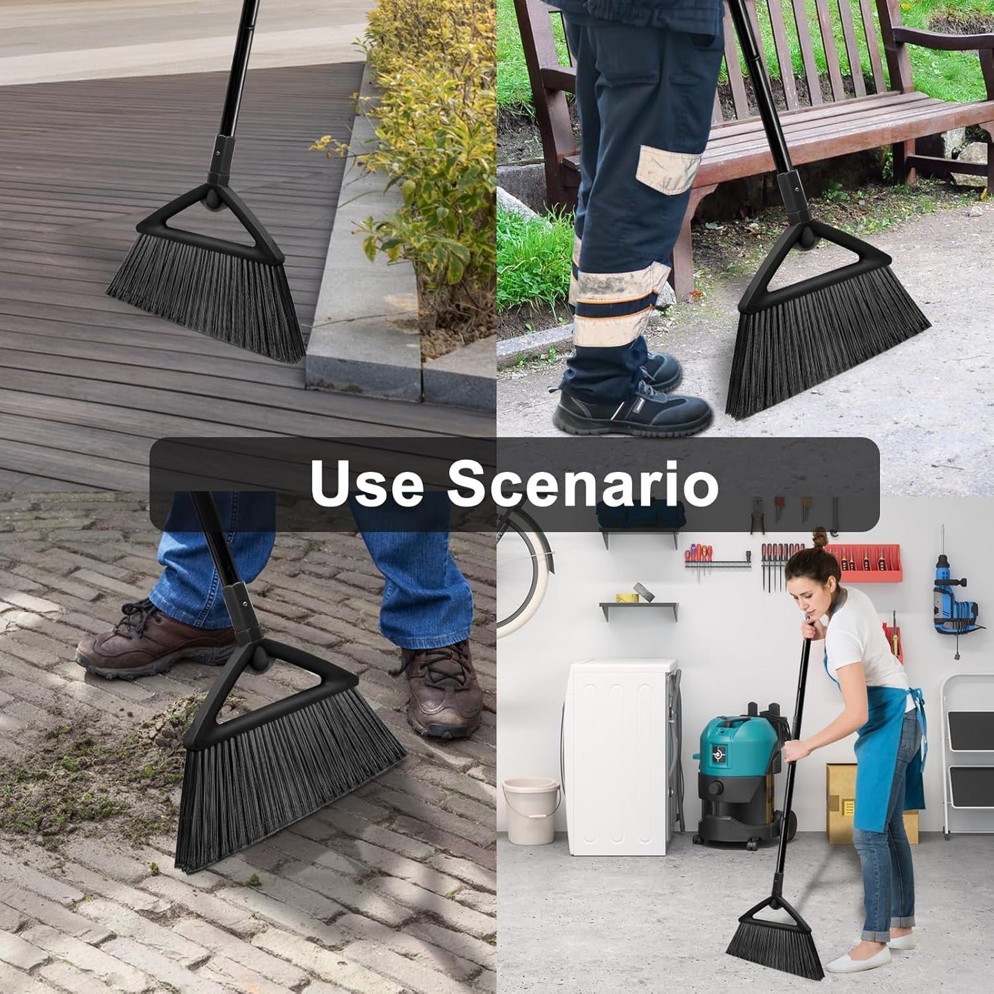 4PCS Heavy Duty Angle Broom, Long Pole Brooms for Indoor, Outdoor Sweeping, Kitchen to Courtyard, Black