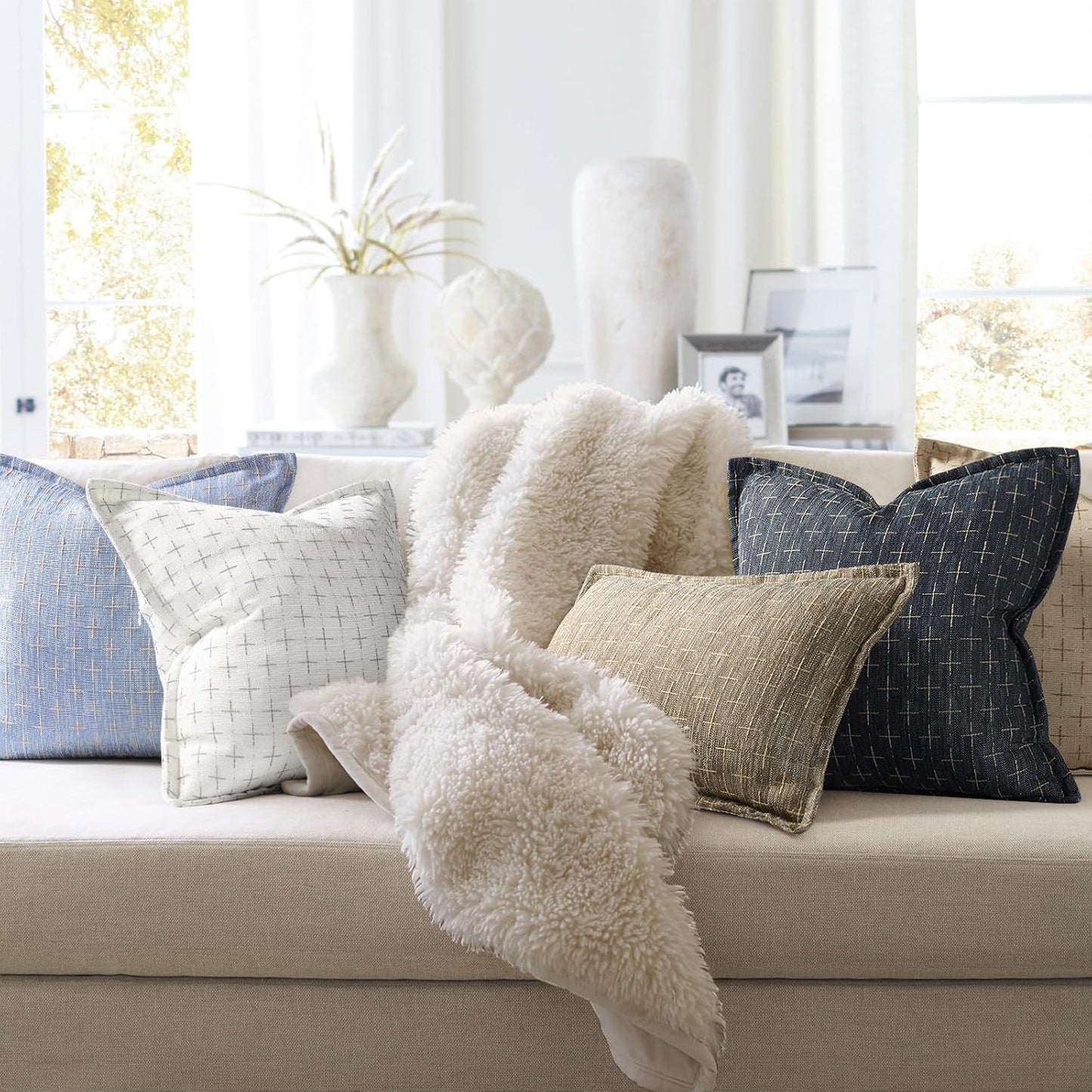 ZWJD Pillow Covers 24x24 Set of 2 Soft Polyester Textured Pillow Covers with Stylish Flange Edge Cozy Farmhouse Throw Pillows for Couch Bed Sofa Living Room