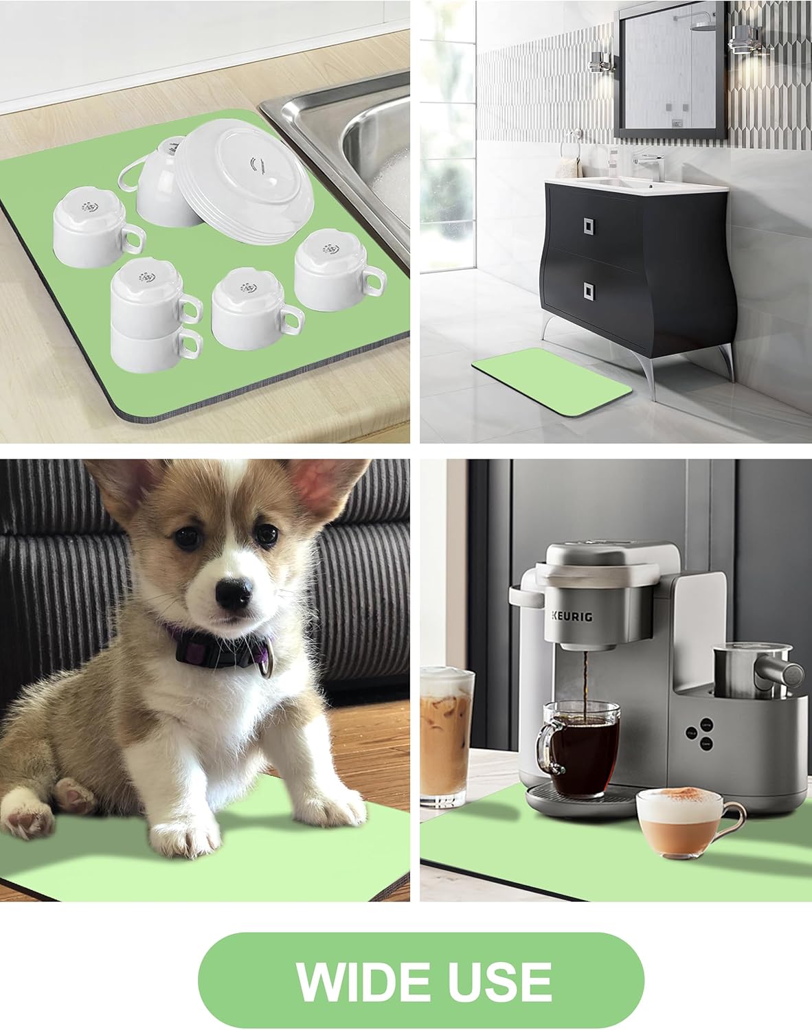 Dish Drying Mat for Kitchen Counter, 16"x24" Dish Drying Pad with Non-slip Rubber Backed, Hide Stain Anti Absorbent for Kitchen Counter, Drying Mat for Coffee Machine Dish Rack (Green)