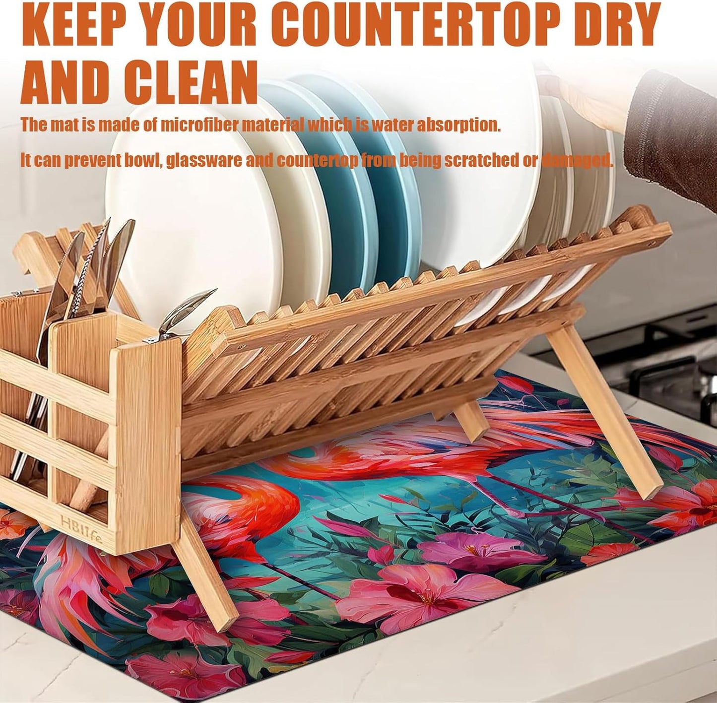 Tropical Flower Flamingo Dish Drying Mat for Kitchen Counter Microfiber Absorbent Dish Kitchen Drying Mat Draining Reusable Washable for Dishes/Utensils/Counterto