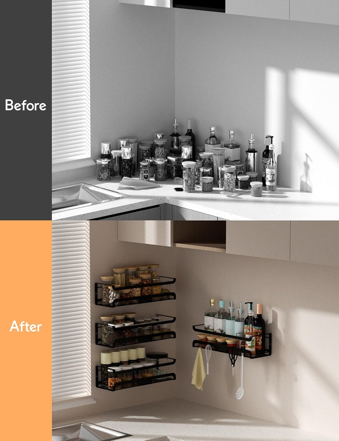 Spice Rack Wall Mount with Hooks - Spice Racks Organizer for Cabinet Storage, Wall Mounted Hanging Shelf Seasoning Organizer, for Kitchen, Pantry Door, Bathroom (Black, 2 Pack)