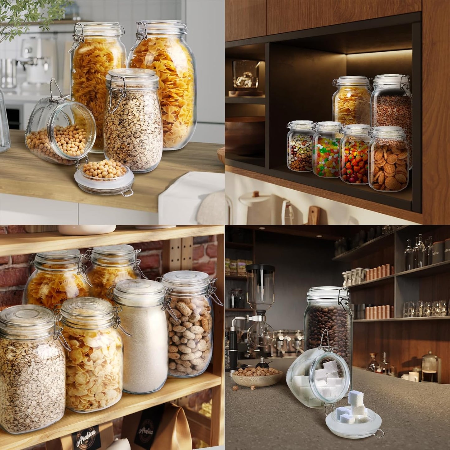 Multi Size - 5 Pack Square Glass Jars with Airtight Lid, Wide Mouth Mason Jars with Clamp Lids, Air Tight Glass Canisters, Best Food Storage Containers for Cereal, Pasta, Rice, Sugar, Coffee, Spice