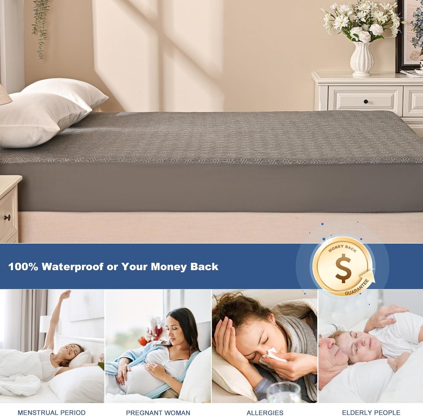 GRT Waterproof Mattress Protector Full, Breathable Bamboo Charcoal Fiber Mattress Cover, Noiseless and Odor Free Upgraded Mattress Protector with Double-Barrier Protection, 8"-26" Deep Pocket