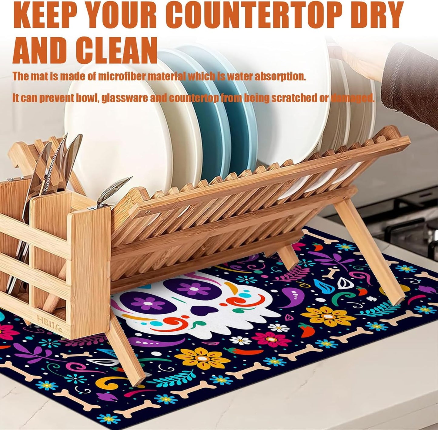Sugar Skull Dish Drying Mat for Kitchen Counter Microfiber Absorbent Dish Day of the Dead Kitchen Drying Mat Draining Reusable Washable for Dishes/Utensils/Counterto
