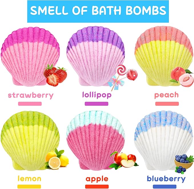 Mermaid Bath Bombs for Kids Girls with Surprise Inside, 6 Pcs Natural Fizzy Princess Fun Shell Bubble Bath Bomb Kit with Jewelry Toys, Christmas Easter Basket Stuffer Valentines Day Birthday Gift Set