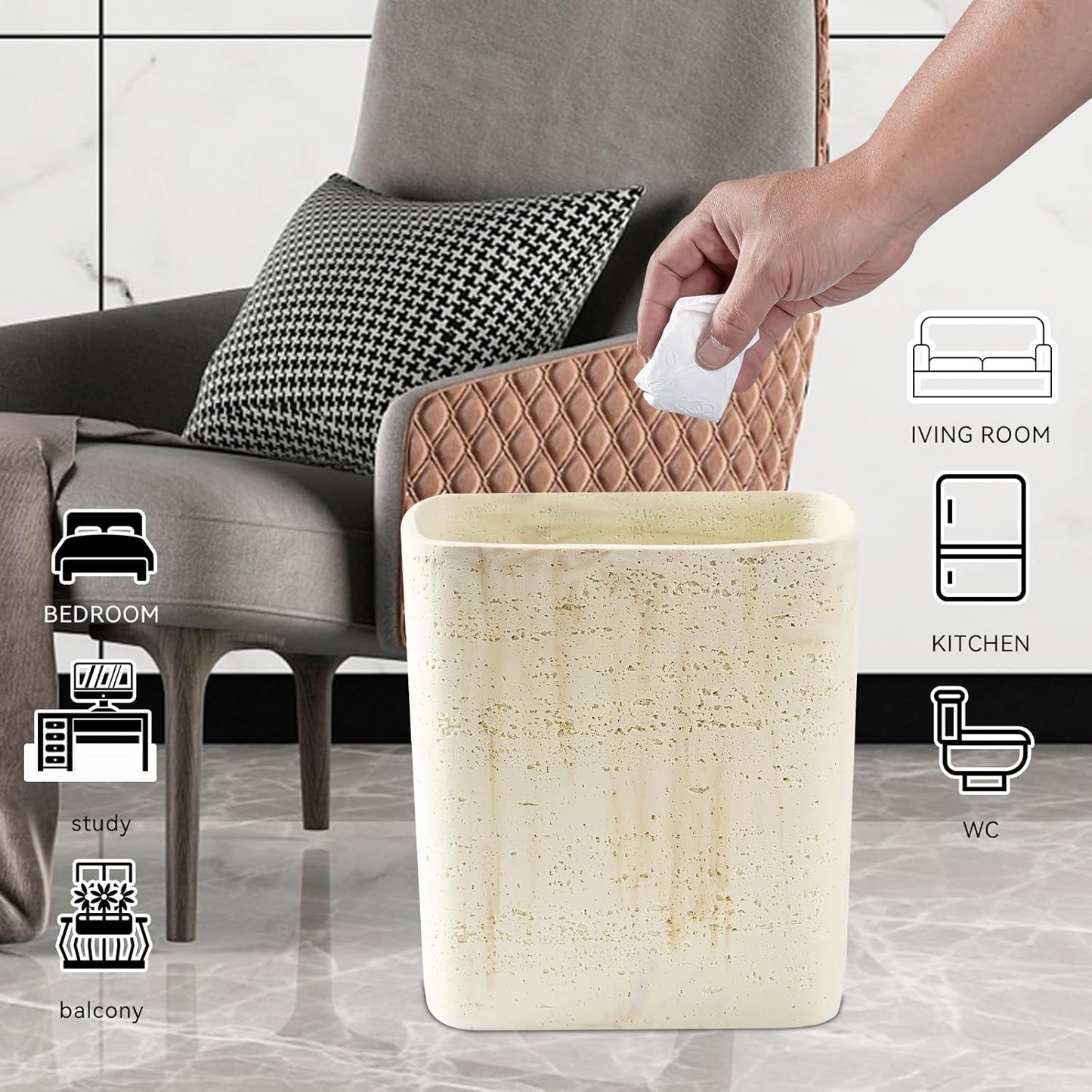 Polytree Natural Travertine Textures Bathroom Trash Can 1.8 Gallon(7 Liter) Small Kitchen Garbage Can,Living Room Bedroom Trash Can, Decor Wastebasket for Home Office (Handmade of Resin)