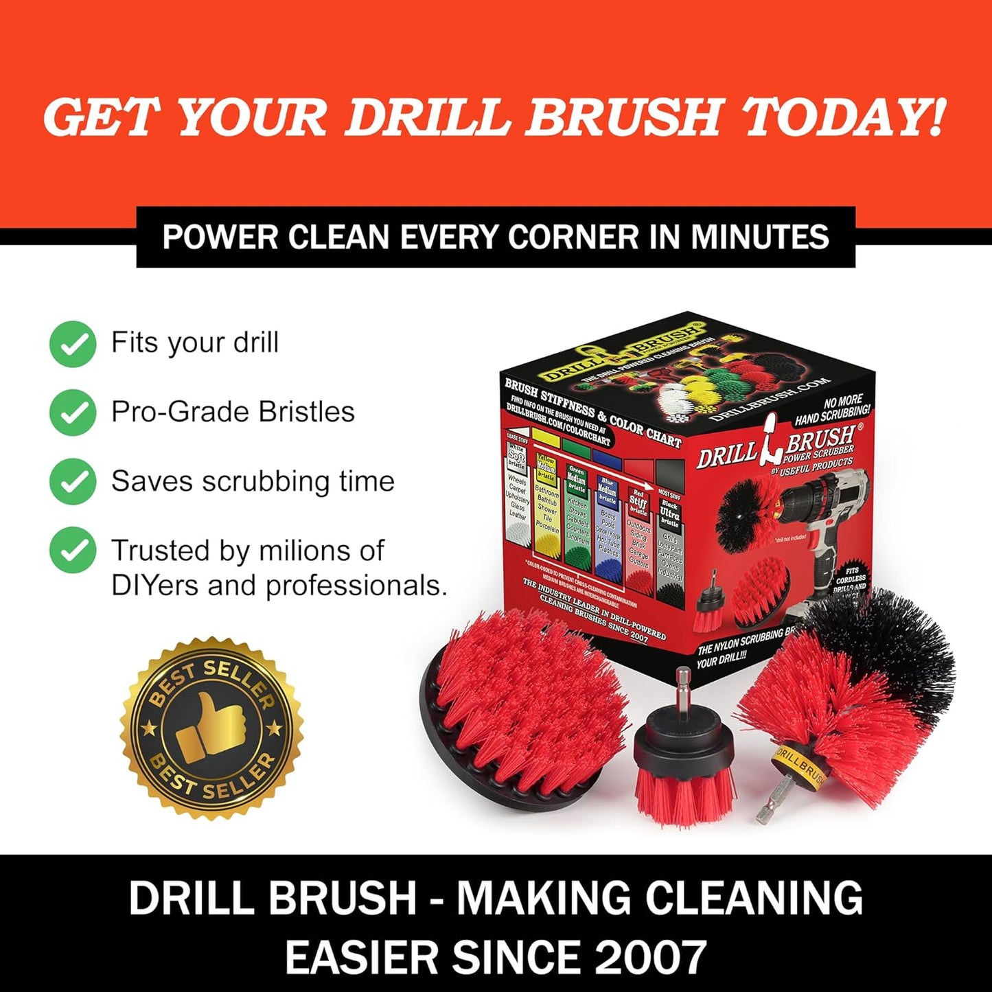 Drillbrush Heavy Duty Stiff Bristle Brush Kit – Power Scrubber Attachment for Concrete, Brick, Siding, Stone, Driveways, Fireplaces, Hard Water Stains, Gravestone & Cemetery Headstone Cleaning Brushes