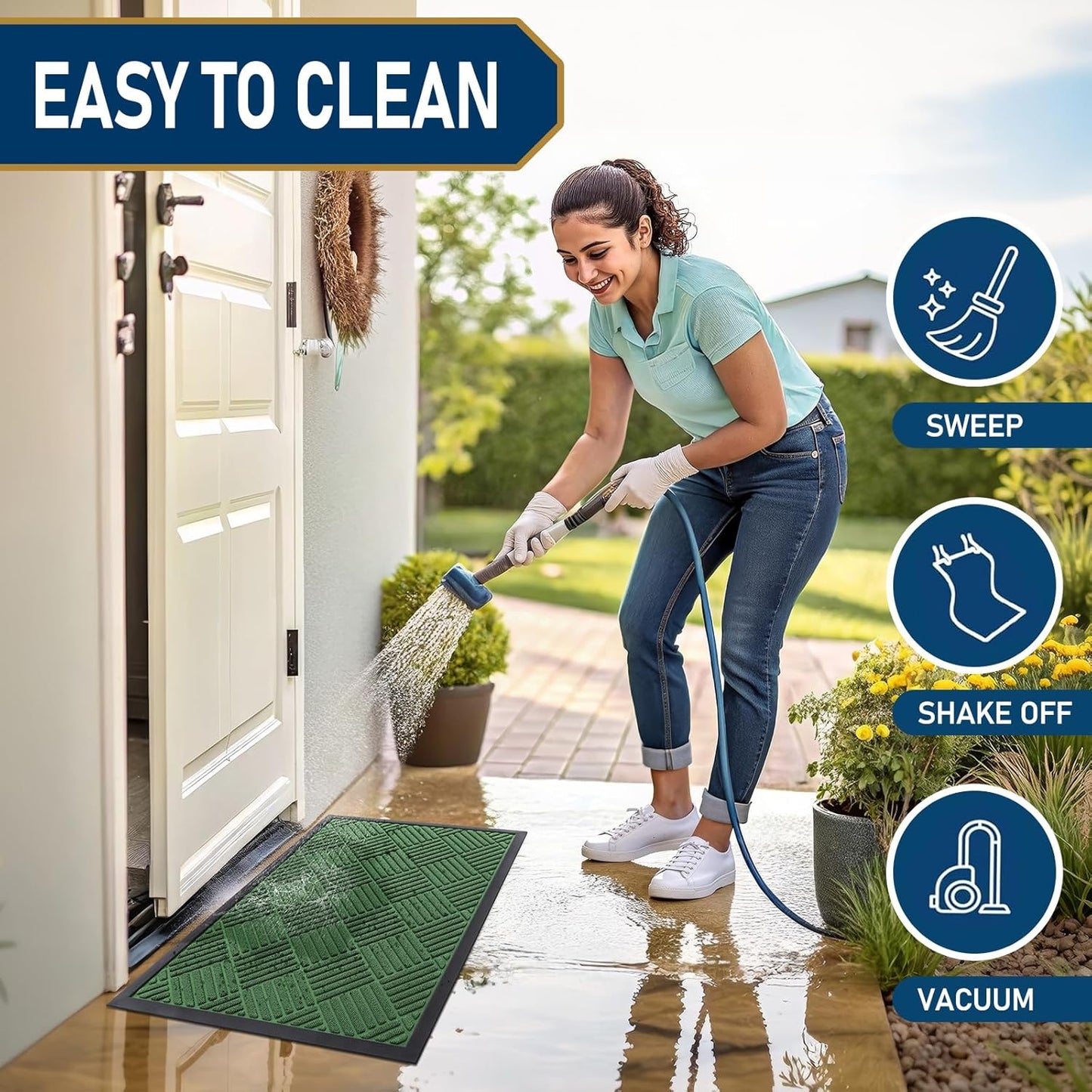Smiry Front Door Mat Outside Entrance, Heavy Duty Outdoor Indoor Natural Rubber Doormat, Non Slip, Trap Dirt and Moisture, Easy Clean, Low Profile Patio Porch Entryway Mat, 47x32, Green