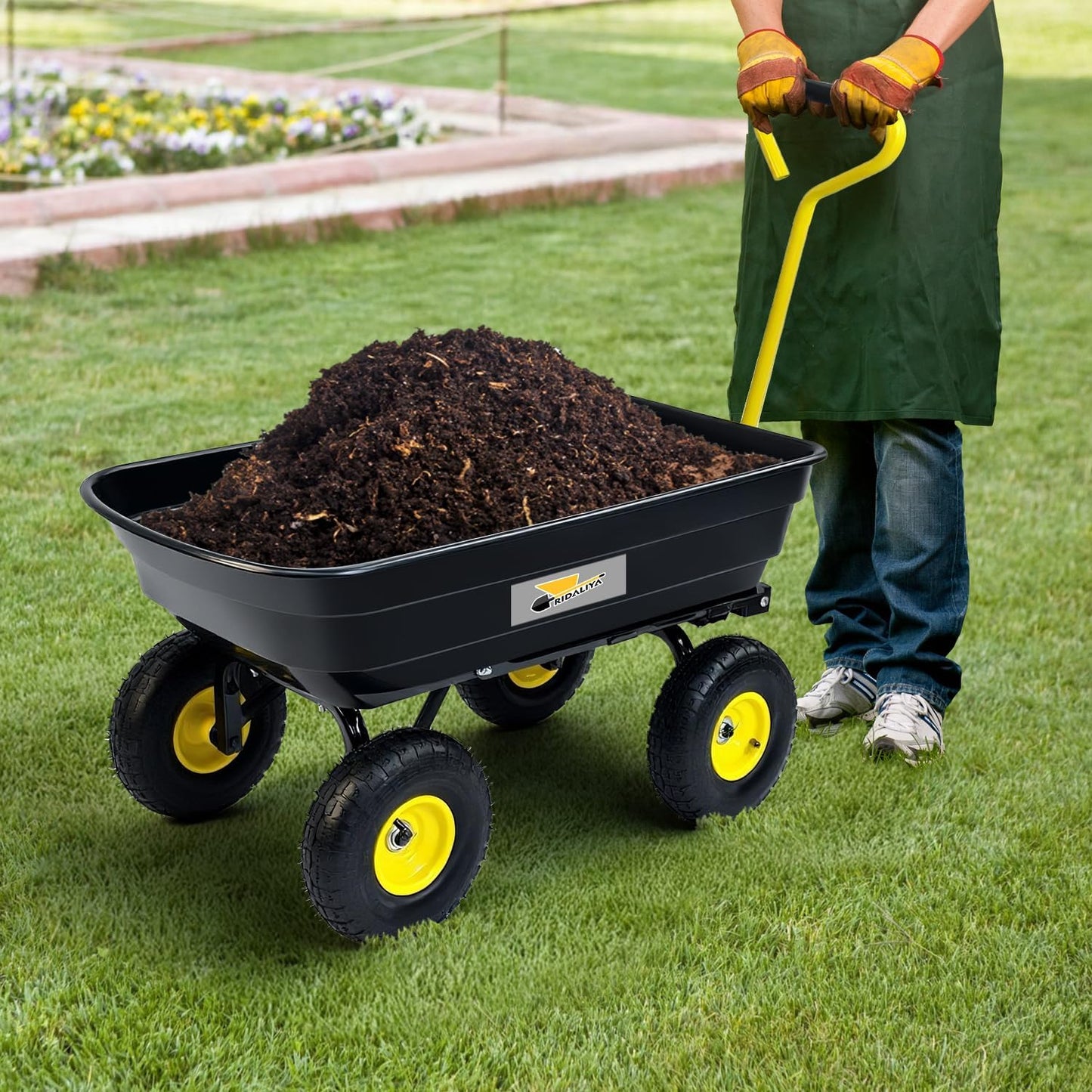 Garden Dump Cart, Heavy-Duty Utility Wagon with 600 lb Capacity, 4 Cu Ft Bed, 10" Pneumatic Tires, 180° Pivot Steering for Yard, Lawn, and Beach Use