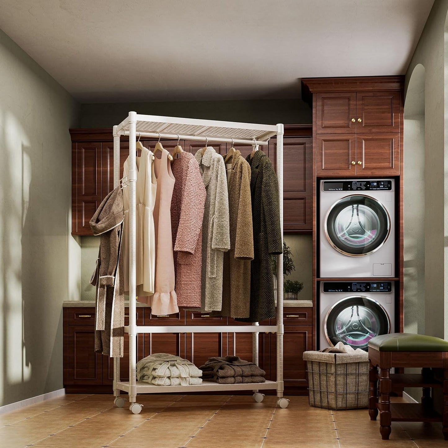 IZEUK Heavy Duty Rolling Garment Rack Wire Clothes Rack for Hanging Clothes, Metal Freestanding Closet Wardrobe Rack 3-Tier Clothing Rack with Wooden Boards Gold 17.7" D x 33.5" W x 70.3" H