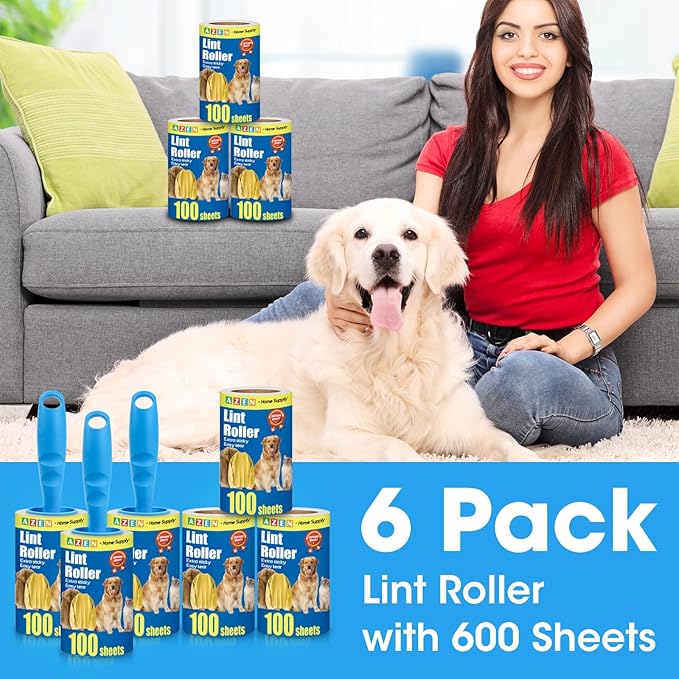 AZEN Lint Roller, Lint Rollers for Pet Hair Extra Sticky, 600 Sheets Lint Roller with 3 Upgraded Handles, 6 Roller Portable Lint Remover for Clothes, Pet Hair Remover, Lint Rollers for Clothes