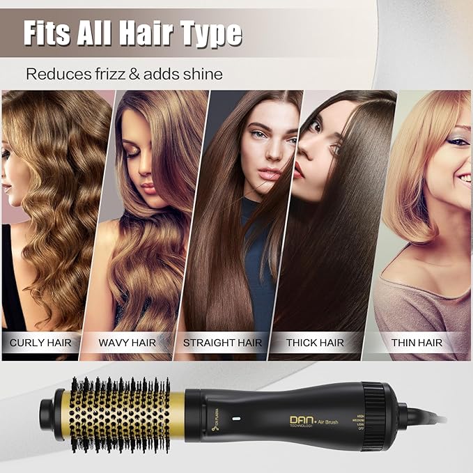 Dan Technology Blow Dryer Brush 1.5 Inch Round Blowout Brush 4-in-1 Hot Air Hair Dryer Brush & Styler, Comb, Straightener & Curler with Titanium & Ionic (Black-Gold)