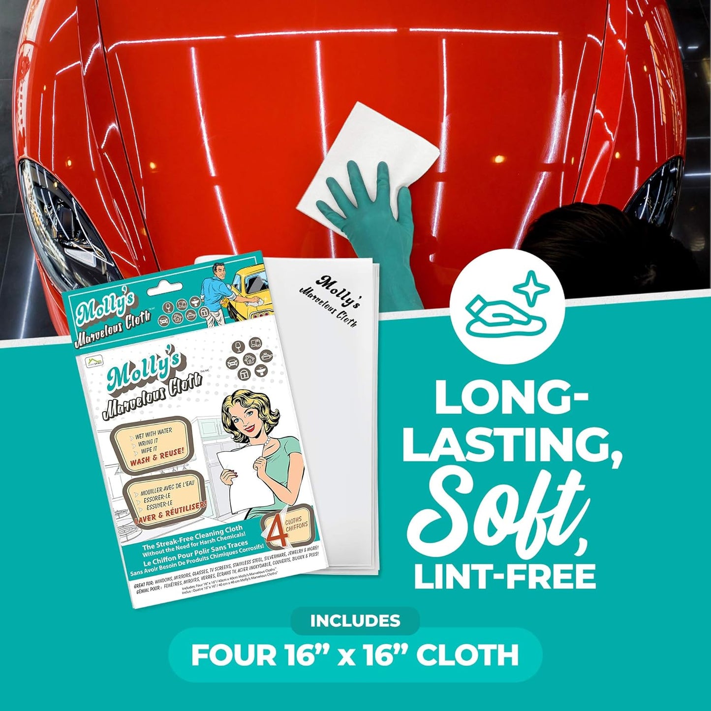 Molly's Marvelous Cloth, Streak-Free, Lint-Free Microfiber Cleaning Cloth, Polishing Cloth for Glass, Stainless Steel, Use for Kitchen, Bath, Cars, Detailing, Reusable (17" by 16") (4pk, White)