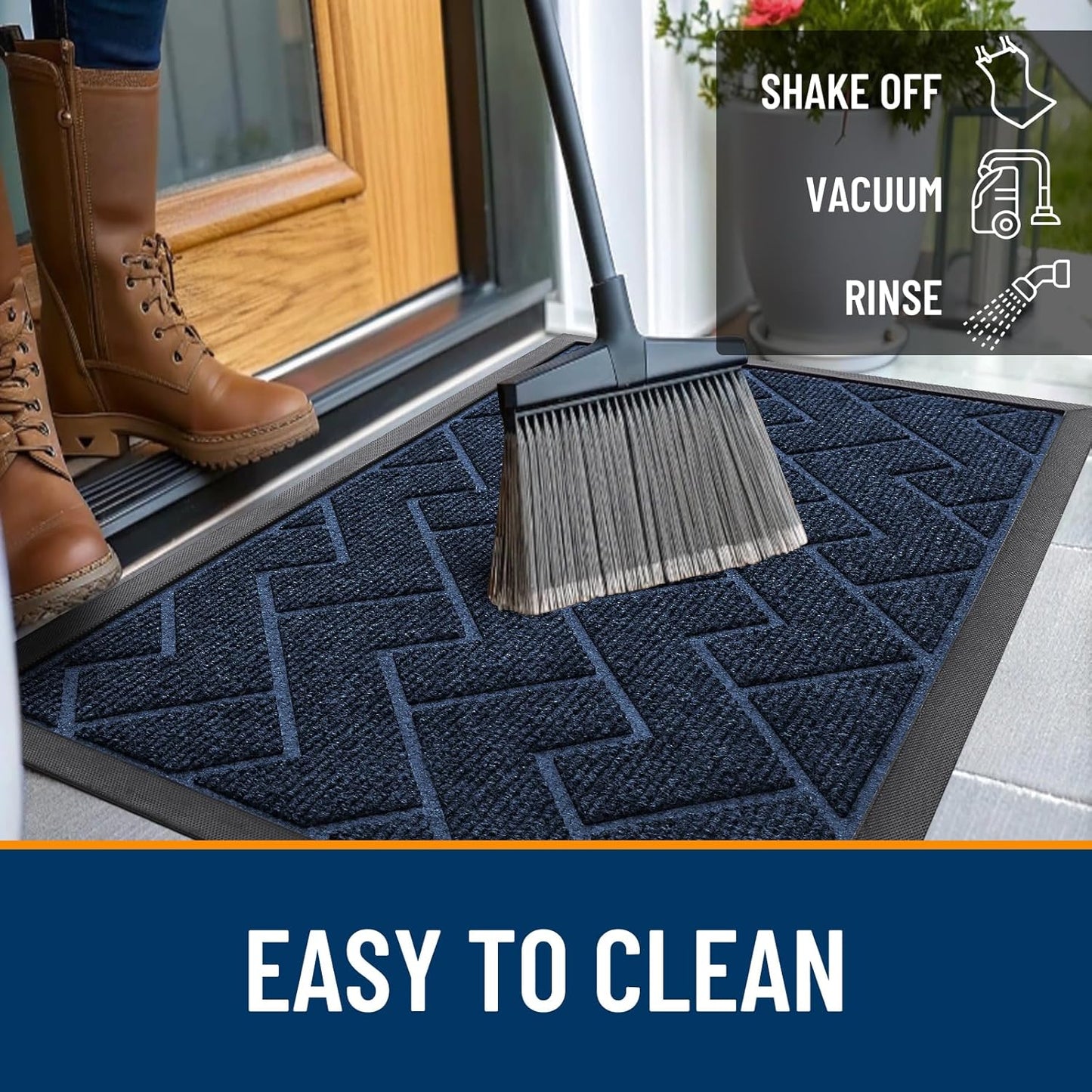 OLANLY Front Door Mat Indoor Outdoor Entrance, Waterproof All-Season, All-Weather Doormat, Sturdy Natural Rubber, Low Profile, Easy Clean Patio Porch Entryway Mat, Herringbone Brick (Blue, 29.5x17)