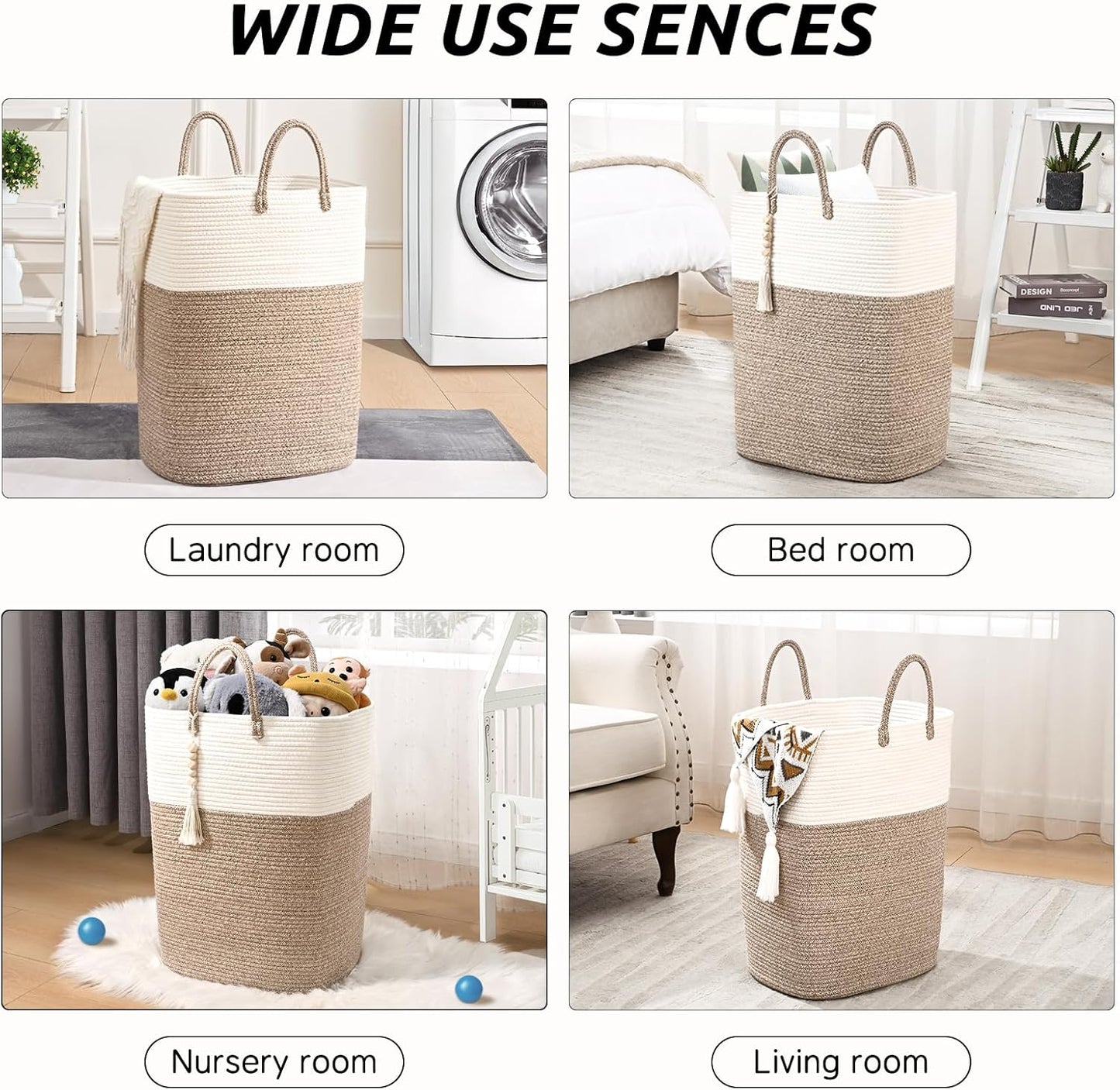 Woven Laundry Basket for Clothes, 80L Large Rectangle Laundry Hampers with Beads Tassel, Nursery Storage Basket for Toys, Tall Dirty Clothes Hamper for Bedroom Aesthetic, Laundry Room Organization