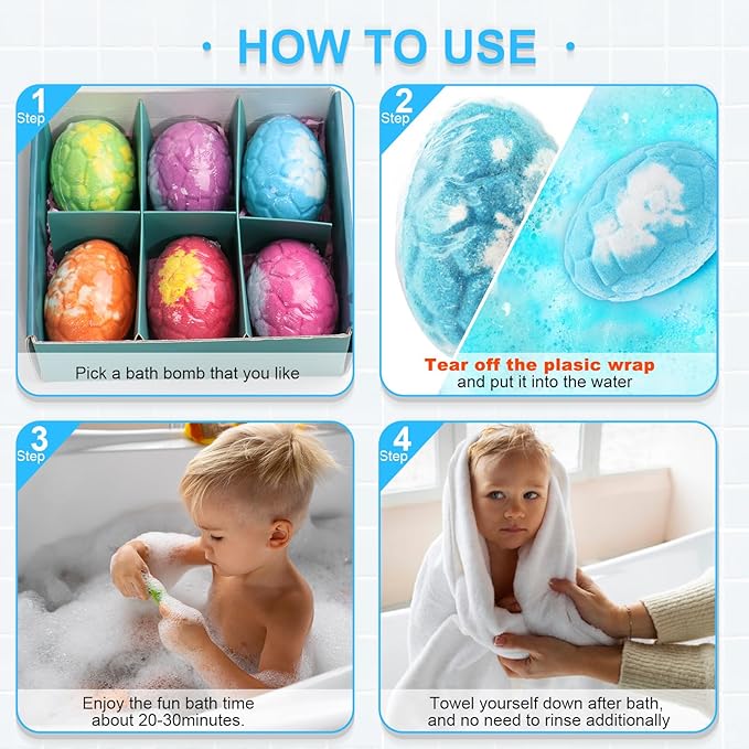 Bath Bombs for Kids with Surprise Inside, 6 Pack Dinosaur Toys Halloween Toddler Bath Bombs Gift, Organic Bubble Bath Fizzies, Dinosaur Egg, Stocking Stuffers for Kids, Christmas Gifts for Kid 3-12