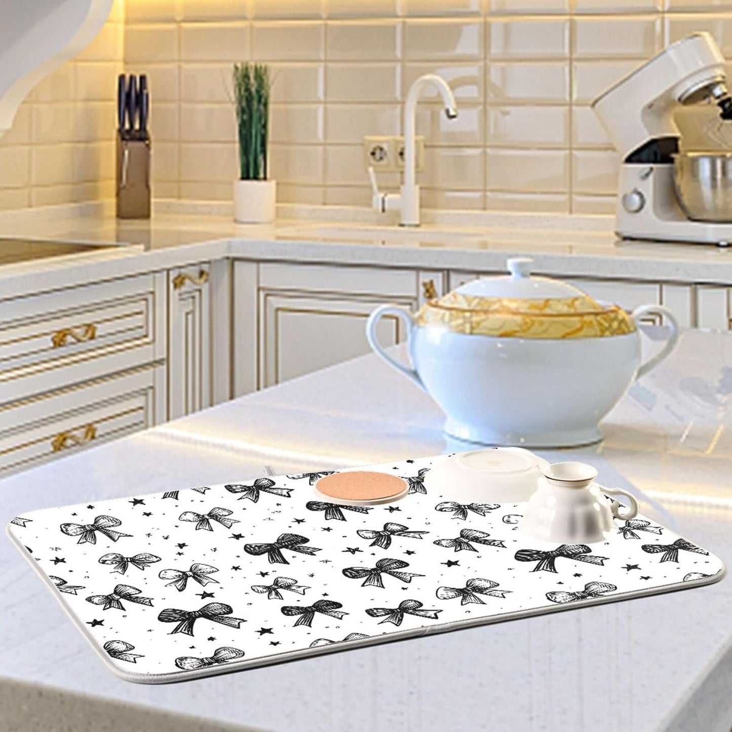 Black White Bowknot Dish Drying Mat for Kitchen Countertop 18x24 Rectangle Bow Large Drying Mat Reusable Quick Dry Dish Sink Absorbent Mats Dishwasher Easy Clean Decorative Home Decor Essentials