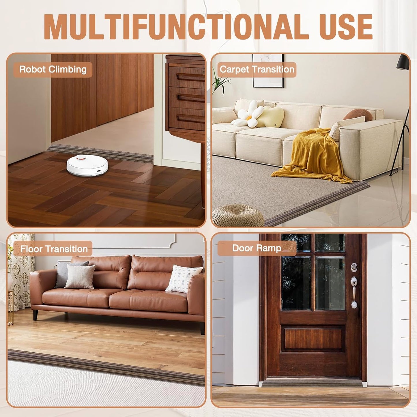 Floor Transition Strip Self Adhesive Vinyl Door Threshold for Doorways Carpet Edging Trim Overlap Edge Reducer for Laminate Floor, Carpet, Tile (Smoked Brown Wood Grain, 1/5" to 2/5", 10Ft)