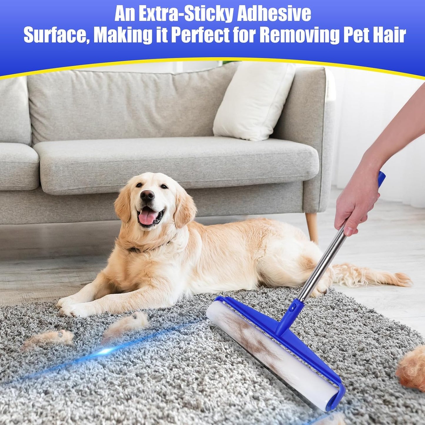 COBETE 13.77" Large Extra Sticky Lint Roller, 69.88" Long Handle Lint Remover with 6 Rollers for Clothes, Cat Dog Pet Hair, Furniture, Couch, Carpet, Floor,Painted Wall Cleaner Mop Dust Cleaning