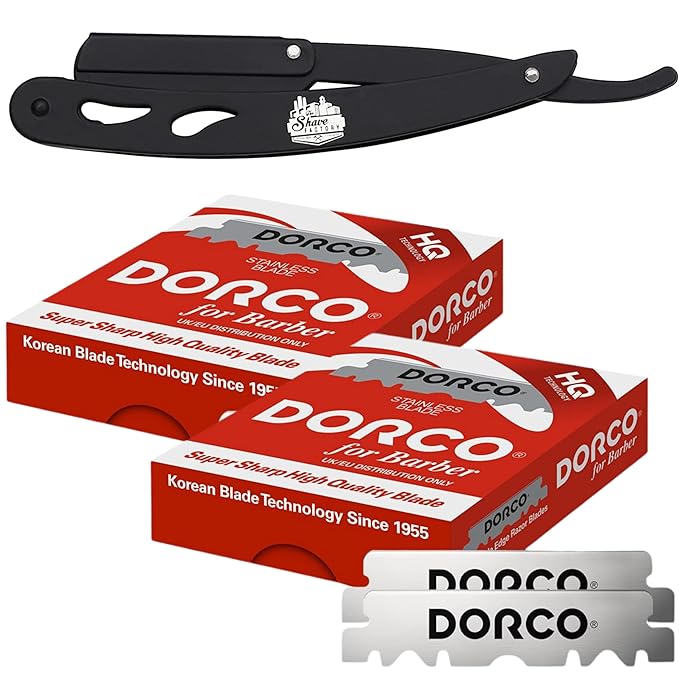The Shave Factory Straight Edge Razor Kit - with Single Stainless Steel razors for men from (Black, Dorco Red Single Edge)