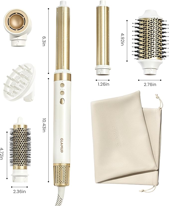 GLAMUP® Dual Voltage 6 in 1 Hot Air Styler, Upgraded Long Barrel, Diffuser, Round Brush, Powerful High Speed Dryer, Tight Grip, Curling Volumizing Gift Set with Bag, Travel Friendly
