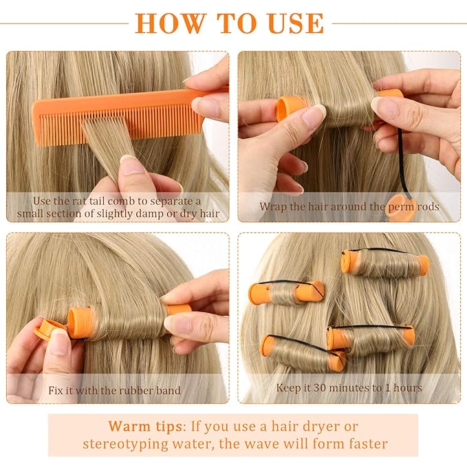 24 Pieces Hair Perm Rods Plastic Cold Wave Perming Curlers Hair Rollers with Steel Pintail Comb Rat Tail Comb Tools for Hairdressing Styling(Orange,0.87inches)