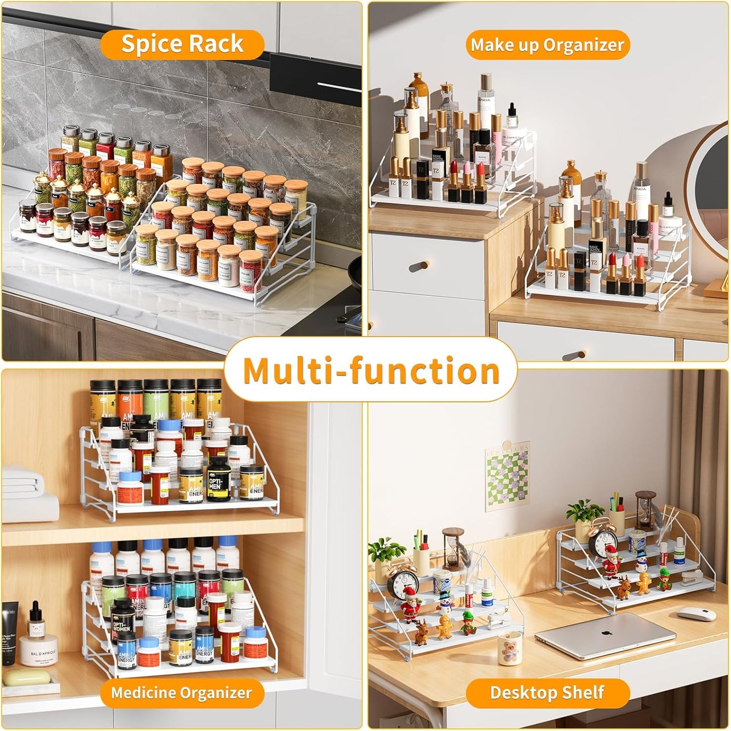 RCHYFEED Spice Rack Organizer for Cabinet,4 Tier Spice Organization for Cabinet Easy Visibility,Tierd Spice Rack Seasoning Organizer for Kitchen Countertop Pantry,Metal(White, 2Pack)