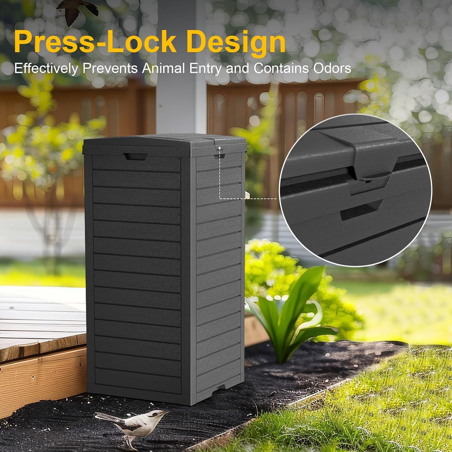 Outdoor Trash Can Waterproof Resin Garbage Bin, 31 Gallon with Tiered Lid and Drip Tray, for Patio, Backyard, Deck(Grey), Gray