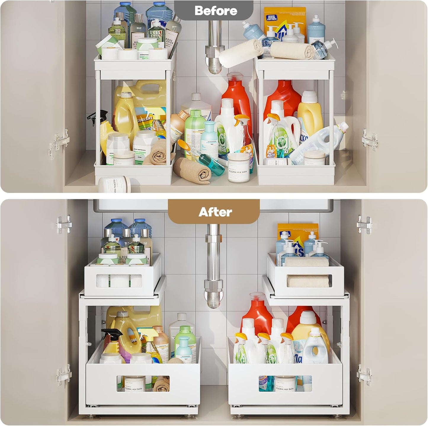 2 Pack Under Sink Organizer With Next-Gen Ball-Bearing Slides,2-Tier Pull Out Cabinet Storage,Height Adjustable Drawer Shelf for Bathroom,Kitchen,Laundry,Cabinet,Pantry(Patent Pending)