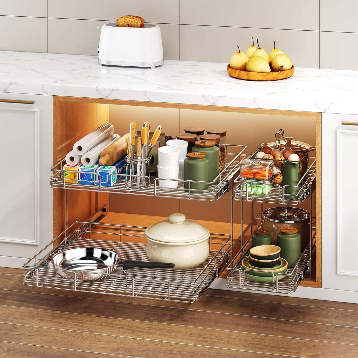 2 Tier Individual Pull Out Cabinet Organizer 28½" W x 21½" D, Heavy Duty Cabinet Pull Out Shelves, Slide Out Drawers Organization for Kitchen Cabinets Bathroom