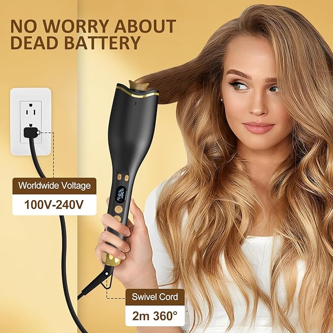 Automatic Curling Iron, Hair Curler 1" Large Slot, 4 Temperature Settings, 12s-19s Timers, Dual Voltage, Anti-Scald, Anti-Tangle, Auto Shut-Off, LCD Display, Fast Heating Easy for Use, Black