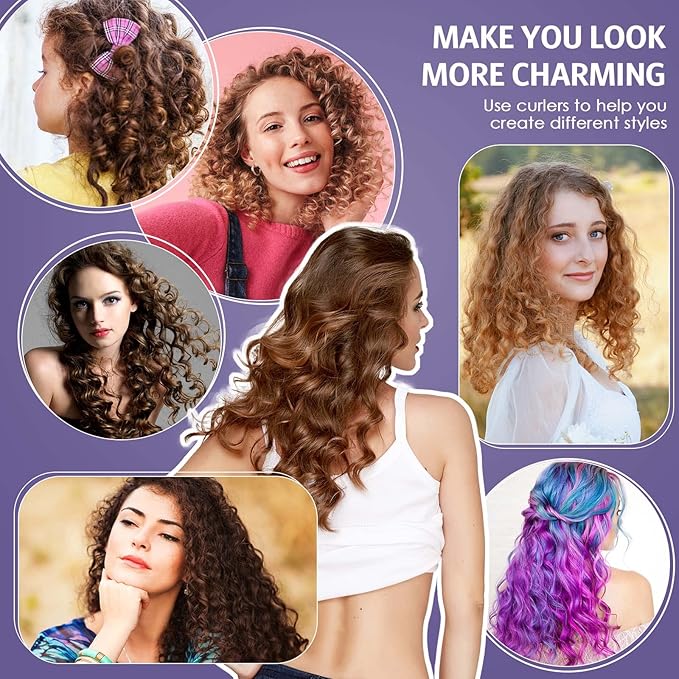Tigeen 96 Flexible 9.45 Inch Soft Twist Foam Hair Rollers, No Heat Hair Styling with 2 Rat Tail Combs (0.3 In, Purple)