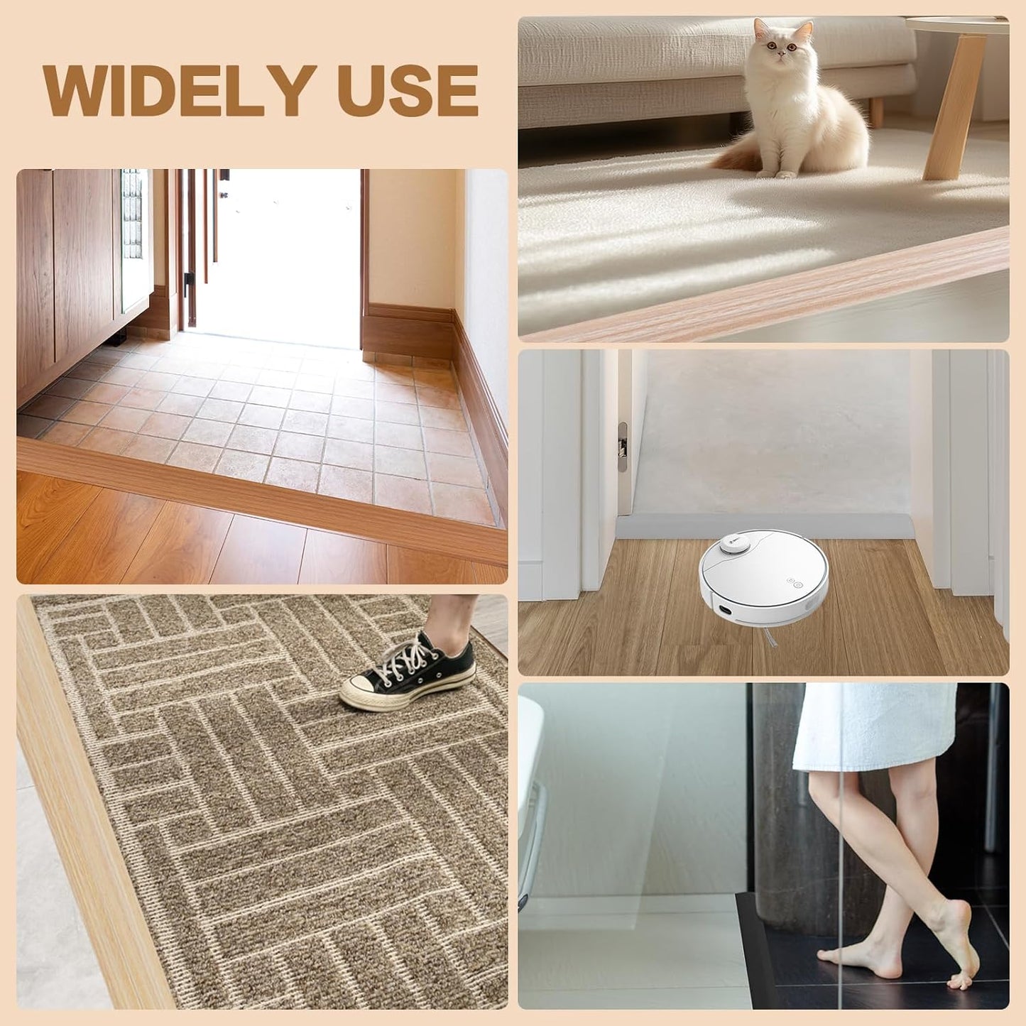 Floor Transition Strip Vinyl Door Threshold Ramp Self Adhesive Carpet Edging Strip Doorway Edge Trim, Overlap Edge Reducer for Laminate Carpet, Floor, Tile (Orange Oak, 1/5" to 2/5", 10Ft)