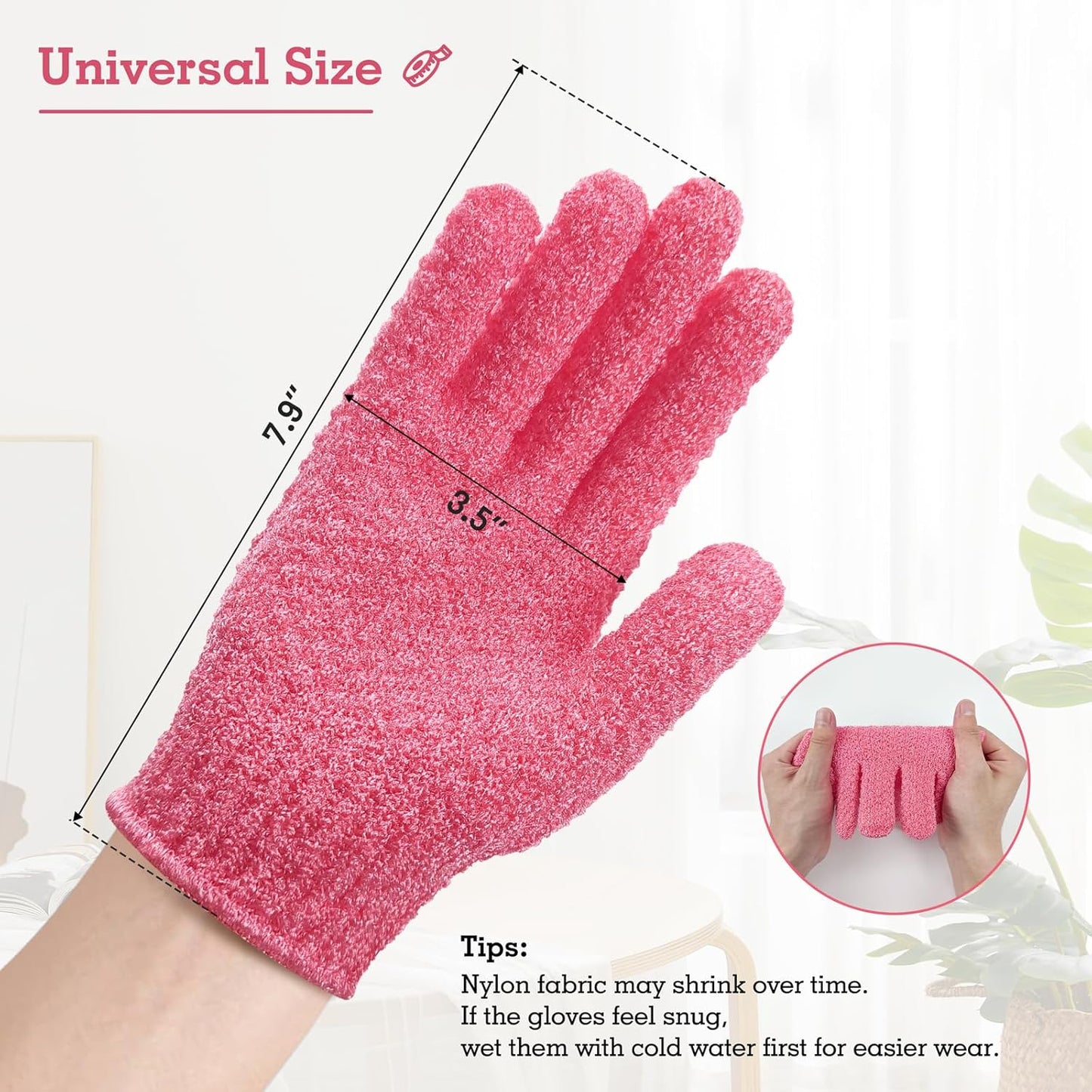 Evridwear Exfoliating Gloves for Shower, 100% Nylon Thick Soft Medium Heavy Bathing Gloves Dead Skin Remover Body Scrubber Smooth Skin with Hang Loop, 3 Pairs Heavy Hot Pink
