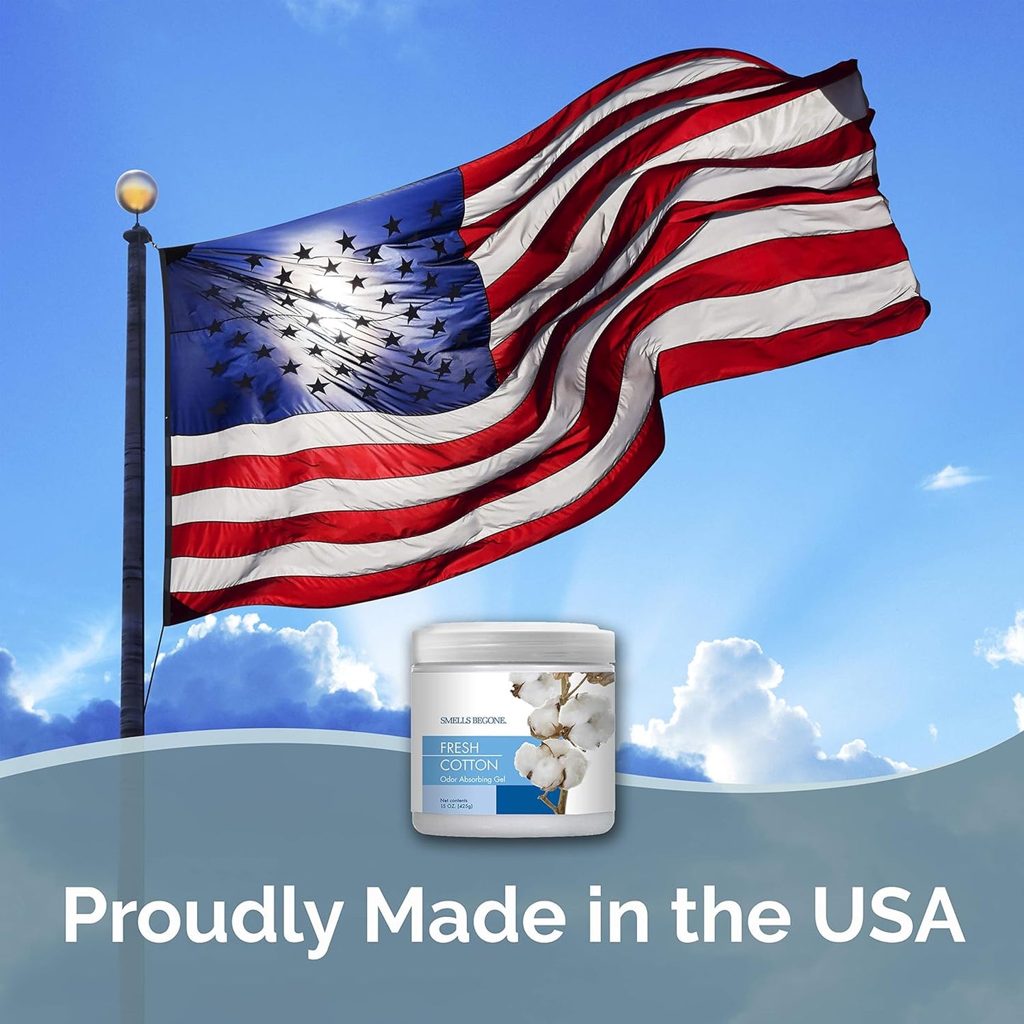 SMELLS BEGONE 15 oz Air Freshener Odor Absorber Gel - Absorbs Odor from Bathrooms, Cars, Pet Areas, Boats and RVs - Made with Essential Oils - Fresh Cotton Scent