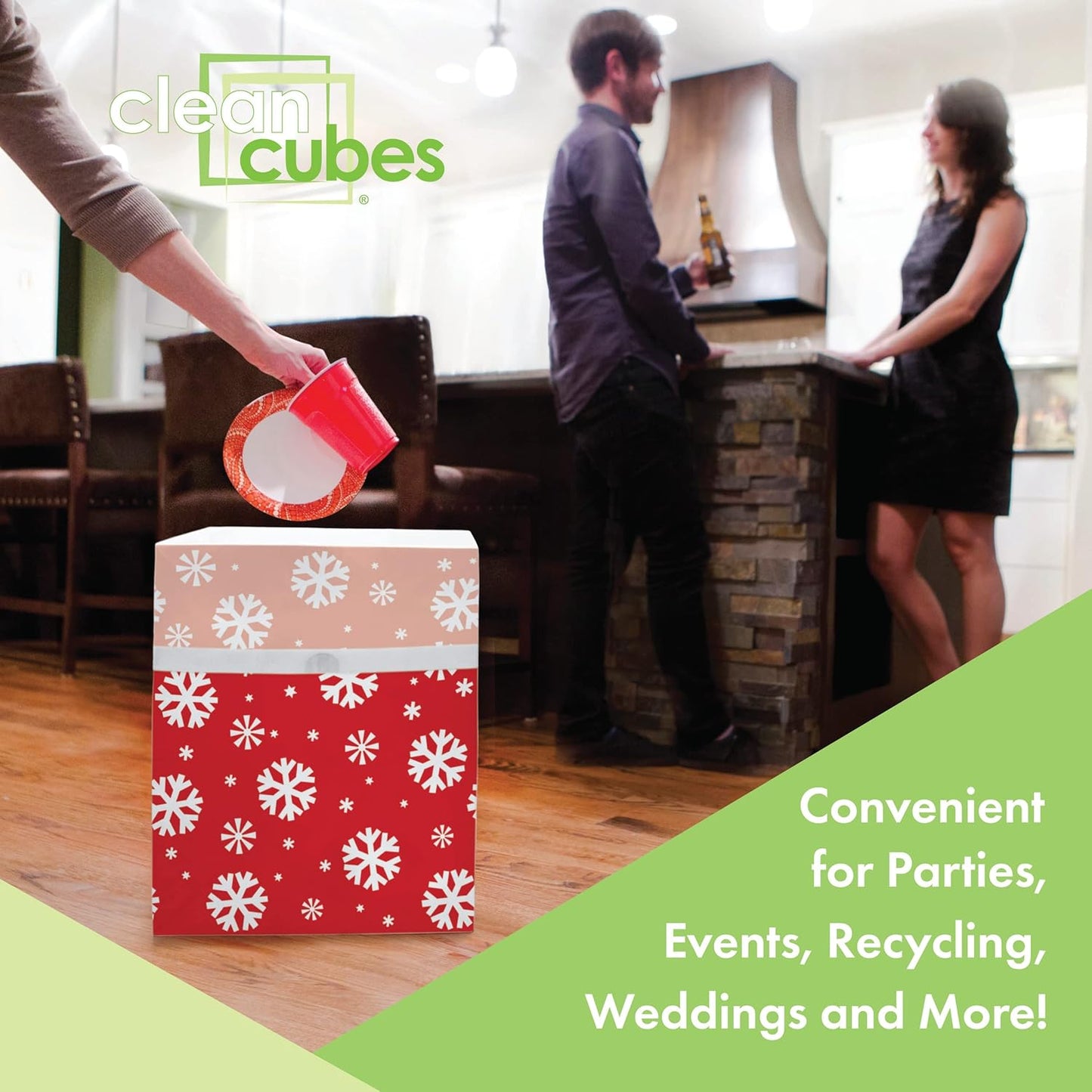 13 Gallon Disposable Pop-Up Trash Cans (3-Pack) with Fitted Bags – Foldable Garbage & Recycling Bins for Parties, Events & Kitchen (Snowflake, 17" H x 13.5" W x 10" D)