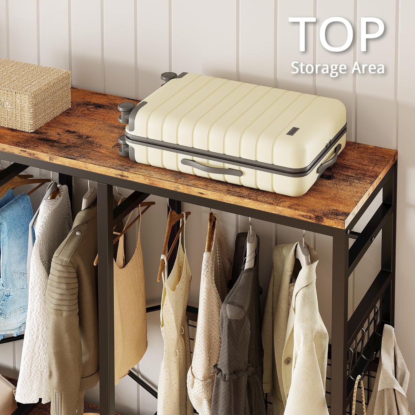 IRONCK Garment Racks with Shelves 4 Drawers and 8 Hooks Heavy Duty Closet Organizer for Hanging Clothes, Freestanding Closet Wardrobe Rack, Vintage Brown